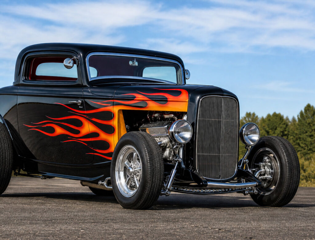 Hot rod with flame paint job
